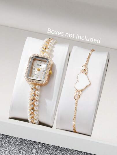2pcs/Set Women's Gift Pearl Watch With Square Rhinestone Dial, Fashion Casual Pearl Rhinestone Quartz Bracelet Watch + Heart-Shaped Bracelet (Watch Not Included With Box)