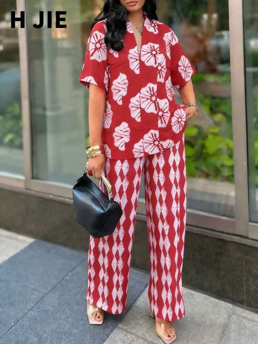女士红色短袖V领花卉几何印花上衣搭配同色系阔腿裤，波西米亚休闲两件套，新年夏季度假穿搭 - 紅白色 - 查看 1