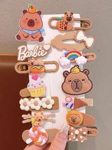 14pcs Capybara Side Clip, Woodland Style Brown Bangs Clip, Cute Hamster Hair Accessories - Multicolor - View 9