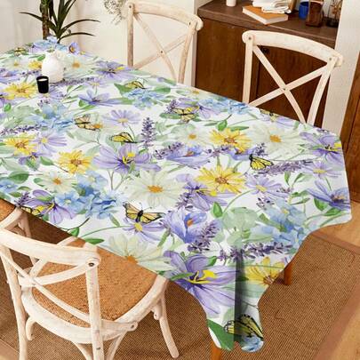 1pc Butterfly & Flower Pattern Printed Tablecloth, Cartoon Tablecloth In Modern Style, Polyester Rectangular/Round Waterproof Tablecloth, Digital Printing Suitable For Living Room, Outdoor Dining Table, Small Round Table