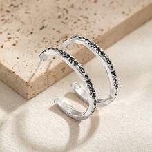 2对波西米亚风格雕花圆形耳环，复古银色开口耳环 - 銀色 - 查看 4