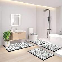 Pauwer Bathroom Rugs Sets 5 Piece With Lid Cover Bathroom Shower Rugs With U-Shaped Contour Toilet Mat Absorbent Microfiber Plush Bath Mats Non Slip Bath Rugs 4 Piece Machine Washable Bathroom Floor Mats - White Pattern - View 8