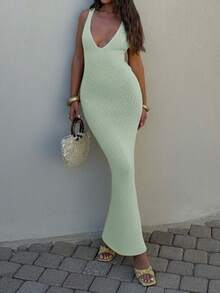 Vaiaye 女士纯色修身深V领无袖针织连衣裙，高弹力简约优雅欧美风无袖针织连衣裙，适合海滩、度假和日常穿着，春季款。 - 綠色 - 查看 10