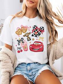 Disney-Style Women's Printed T-Shirt Featuring A Cute Cars-Inspired Mickey Hat Cartoon Print. This Round-Neck Summer Top Is Crafted From Soft, Comfortable 100% Cotton Fabric, Perfect For Everyday Wear, Outdoor Activities, Or Shopping. It Also Makes An Ideal Choice For Women's Vacation Wear. - 白色 - 查看 1