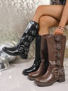 Women'S  Up Knee High Boots Motorcycle Riding Flat Low Heels Strappy Winter Boots - Black - View 8