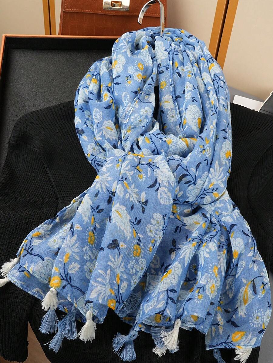 1件装女士沙滩配饰花卉印花大围巾，女士缎面柔软披肩，春夏防晒沙滩长围巾配饰，亚麻质感女士披肩，秋冬配饰 - 彩色 - 查看 1