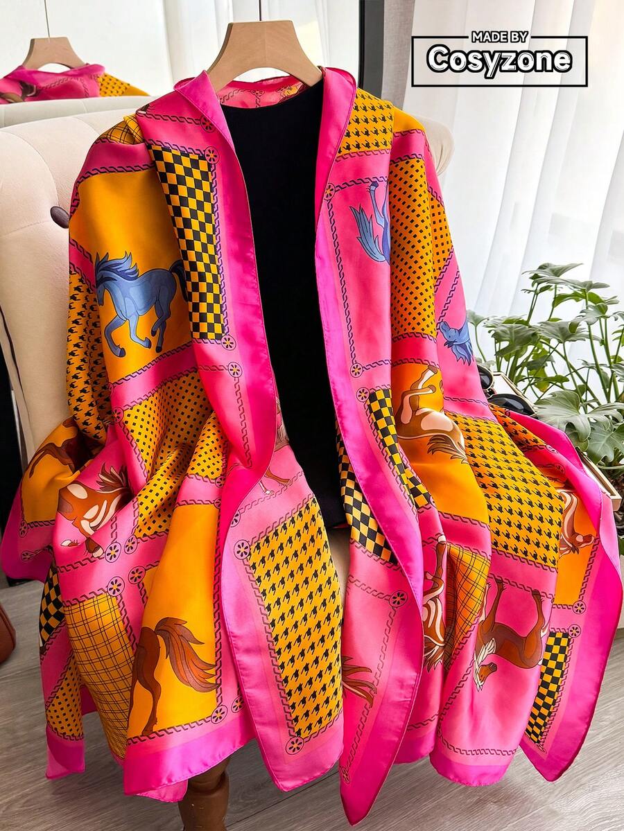 1pc Elegant Silk-Like Patchwork Horse Print Scarf, Versatile Shawl For Beach, Sun Protection, Fashion Accessory For Daily Wear - Hot Pink - View 1