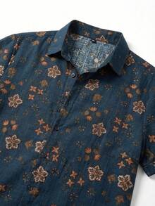 男士复古热带花卉印花衬衫，夏季短袖上衣，亚麻质感面料，休闲度假衬衫，海岛度假装 - 彩色 - 查看 6