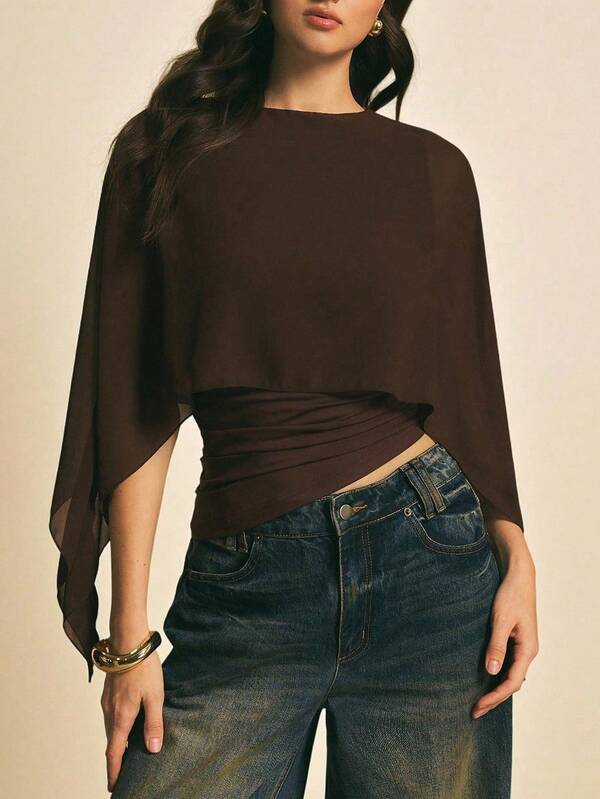 Fashionable Coffee-Colored Chiffon Batwing Sleeve Round Neck Loose Fit Asymmetrical T-Shirt, Commuting Wear Summer