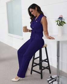 CALEBGAR Women's Business Suit 2 Piece Set, V Neck Sleeveless Belted Vest & Straight Leg Pants, Office Workwear Outfit - 紫色 - 查看 4