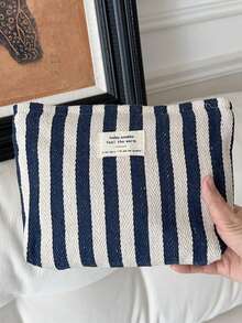 1 chiếc túi đựng mỹ phẩm chống thấm nước kẻ sọc dọc màu xanh hải quân, hộp trang điểm nhỏ gọn, túi du lịch cho nữ, hộp đựng bút chì, túi đựng cọ trang điểm du lịch dung tích lớn, túi sắp xếp mỹ phẩm, túi đựng đồ trang điểm du lịch, túi quà tặng thiết yếu, phụ kiện có khóa kéo, quà tặng cho nữ, quà Giáng sinh, quà tặng sáng tạo cho nàng - Màu xanh hải quân - Xem 6