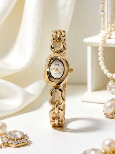 1pc Luxury Elegant Gold Women's Quartz Watch, Minimalist Fashionable Dial, Graceful Diamond-Encrusted Markings, Asymmetrical Gold Alloy Chain Strap, Minimalist Luxury Style, Perfect Match For Modern Casual Outfits