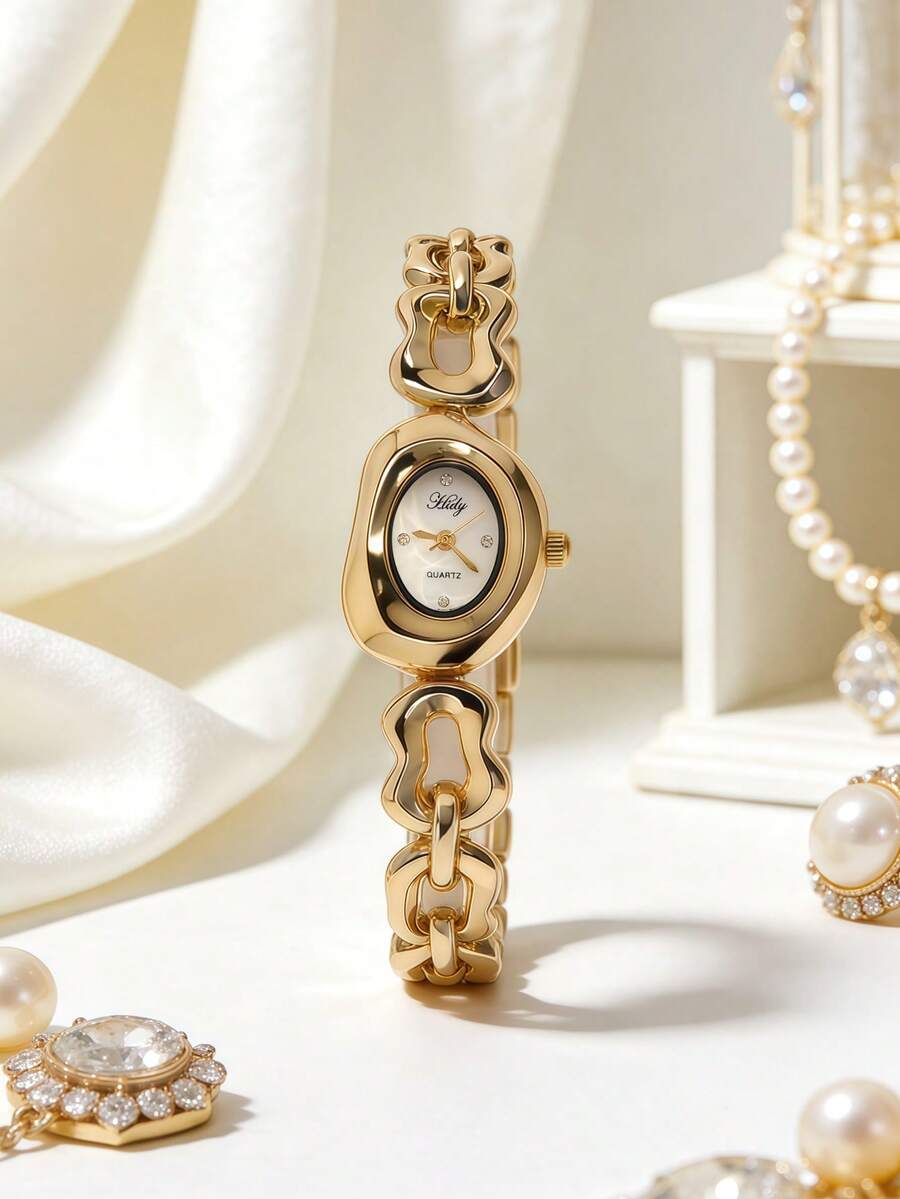 1pc Luxury Elegant Gold Women's Quartz Watch, Minimalist Fashionable Dial, Graceful Diamond-Encrusted Markings, Asymmetrical Gold Alloy Chain Strap, Minimalist Luxury Style, Perfect Match For Modern Casual Outfits - White - View 1