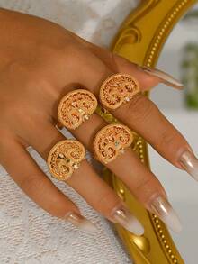 1枚铜镶嵌氧化锆镂空纹理可调节戒指，日常佩戴及节日礼物，女士之选 - 彩色 - 查看 4