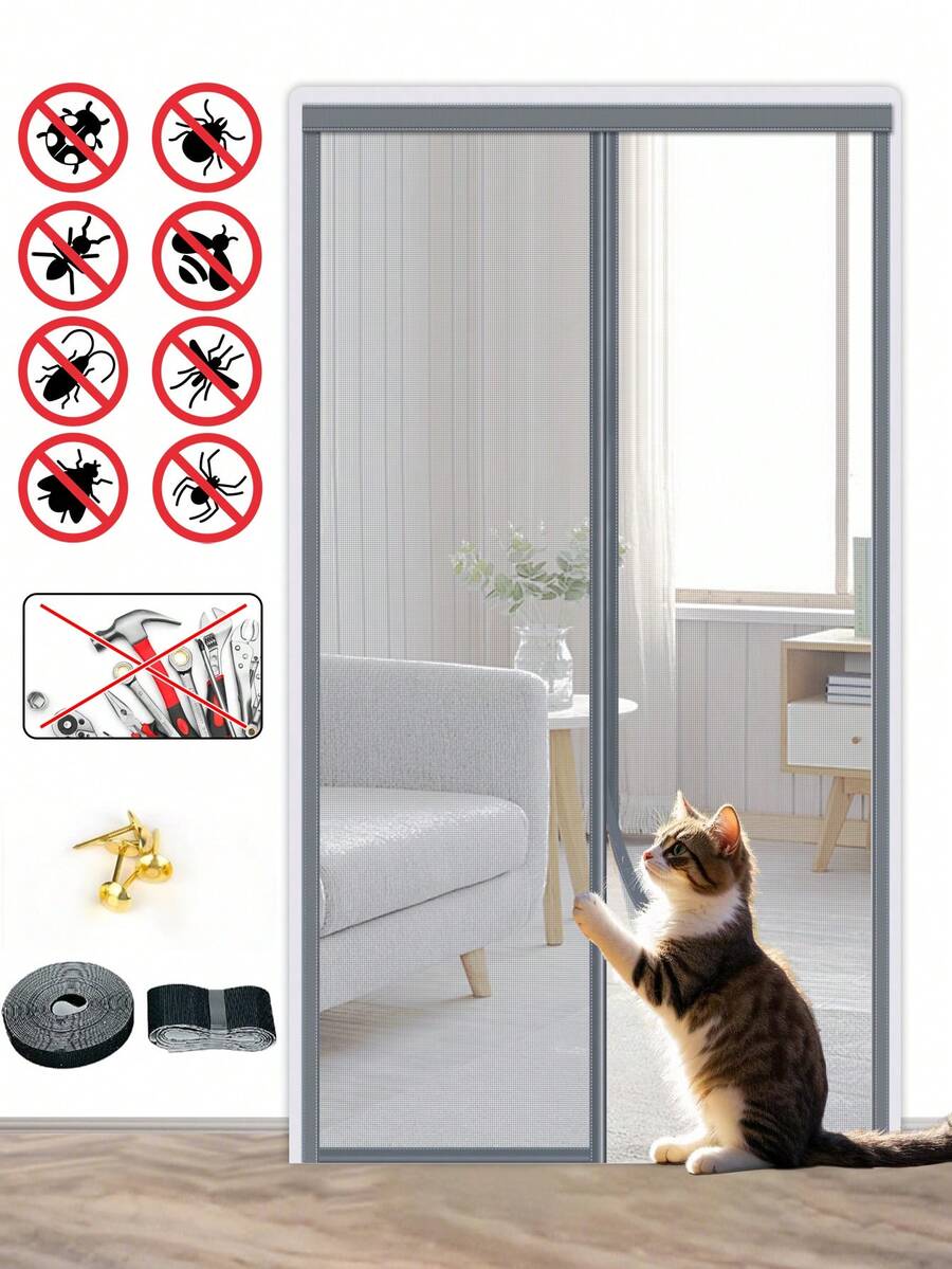 1pc Magnetic Screen Door - Insect Proof & Ventilated, Durable - Pet & Child Friendly, Fits Front/Sliding Doors - Grey - View 1