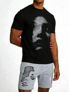 Men's Sleepwear Set, Abstract Print Short Sleeve Shorts, Dark Deconstructed Artistic Style, Summer Home Outfit - Multicolor - View 5
