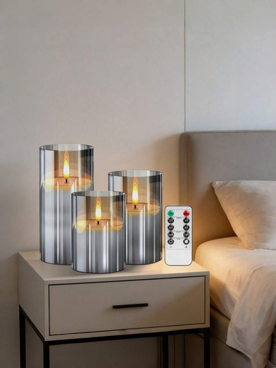3个无焰装饰灯，带遥控器，电池供电，带定时器，LED闪烁灯，适用于婚礼、家庭聚会、圣诞节，高3英寸 x 宽5英寸/6英寸，灰色 - 不含电池