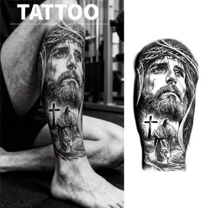 Tatuaje temporal - Corona de espinas y cruz, dura de 3 a 7 días, maquillaje y estilo, arte corporal, expresión creativa, diseño intrincado, realista, fórmula a base de hierbas