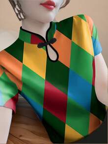 改良旗袍领短袖印花T恤，新款夏季女士时尚印花打底衫，修身休闲上衣 - 綠色 - 查看 2