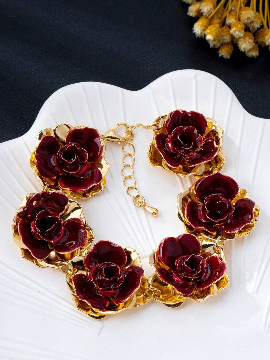 1pc Women's Fashion Rose Flower Bracelet, 3D Multi-Layer Petal Unique Design Exaggerated Bracelet, Burgundy Color Elegant Bracelet Suitable For Banquet, Valentine's Day Wear - Burgundy - View 1