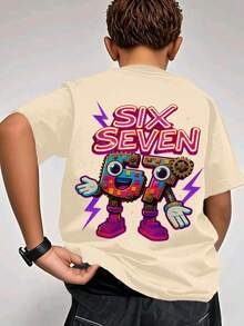 Punk 67 Cartoon Pattern Teen Boy Street Tech Short Sleeve T-Shirt, Soft & Comfortable Summer Casual Tee For Teens, Suitable For Ocean Vacation/Weekend Outings - Apricot - View 7