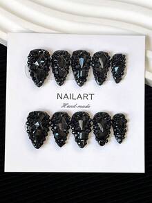 Móng tay giả Y2K Stiletto thủ công, móng dán tự dính với đầu móng trong suốt, đá pha lê xanh và thiết kế 3D lấp lánh phủ kín - Móng tay giả tự làm phủ kín, móng tay lấp lánh cho các bữa tiệc, hoạt động ngoài trời, bãi biển, hàng ngày, ngày lễ, tụ họp, công việc và các sự kiện đặc biệt - 10 chiếc/túi - màu đen - Xem 6