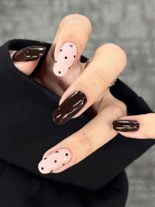 30pcs Almond Shaped/Dotted Printed Detachable Acrylic False Nails Set, Brown, With 1 Jelly Gel And 1 Nail File, Suitable For Women's Daily Work, Study, Party In Autumn/Winter