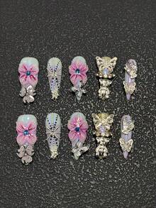 Bộ 10 móng giả cao gót thủ công 3.3cm, đính đá, nơ, cánh hoa và họa tiết chấm bi, phù hợp cho phụ nữ và bé gái, dịp Lễ Tình nhân, tiệc tùng, lễ hội và sử dụng hàng ngày. Phụ kiện làm móng, bộ dụng cụ làm móng acrylic, bao gồm bộ dụng cụ, móng giả dán, và các vật tư làm móng. Móng giả dán. - Nhiều màu - Xem 2