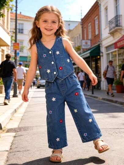 2pcs/Set Girls Outdoor Casual Stylish Colorful Embroidered Button Irregular Design Cardigan Top And Versatile Embroidered Retro Classic Blue Denim Straight Pants Outfit