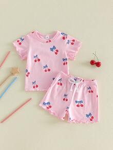 Conjunto patriótico para niña pequeña, de moda, con estampado de cerezas del 4 de julio, top de manga corta y pantalones cortos, 2 piezas - Rosa brillante - Ver 2