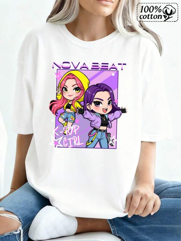 1 prenda de vestimenta casual, camiseta blanca con estampado de dibujos animados de K-Pop, camisetas para mujer.