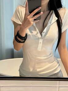 女款純色半透亨利領鈕扣設計修身收腰優雅方肩短袖上衣，白色，夏季襯衫 - 白色 - 查看 6