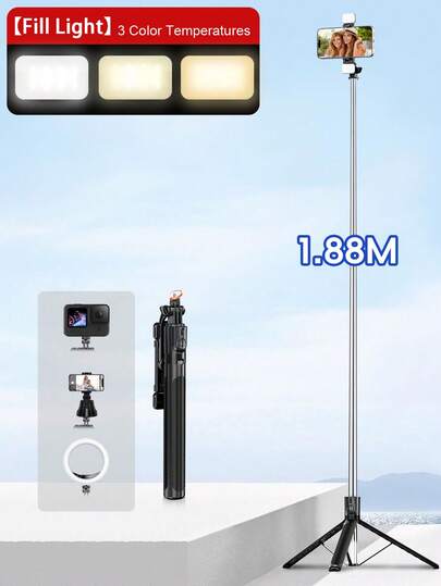 这款1.8米长的无线蓝牙自拍杆三脚架，配备LED多速可调闪光灯，可选配大灯和小灯，以及多功能遥控器和360°旋转手机支架。适用于集体照、室内直播和生日礼物。兼容 17、16、15、14、13、12、11e/Max/Pro/XT/XR/X/Plus等型号。