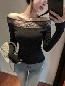 春季露肩蕾丝波点水钻装饰长袖T恤，时尚显瘦，女士黑色度假风 - 黑色 - 查看 3