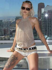 Awevudst Women's Glitter Sheer Mesh Halter Tops Mock Neck Backless See Through Cinched Waist Crop Tank Tops Casual Summer Vest Party Going Out Tops Clubbing Rave Costumes Vacation Beachwear - 灰 - 查看 3