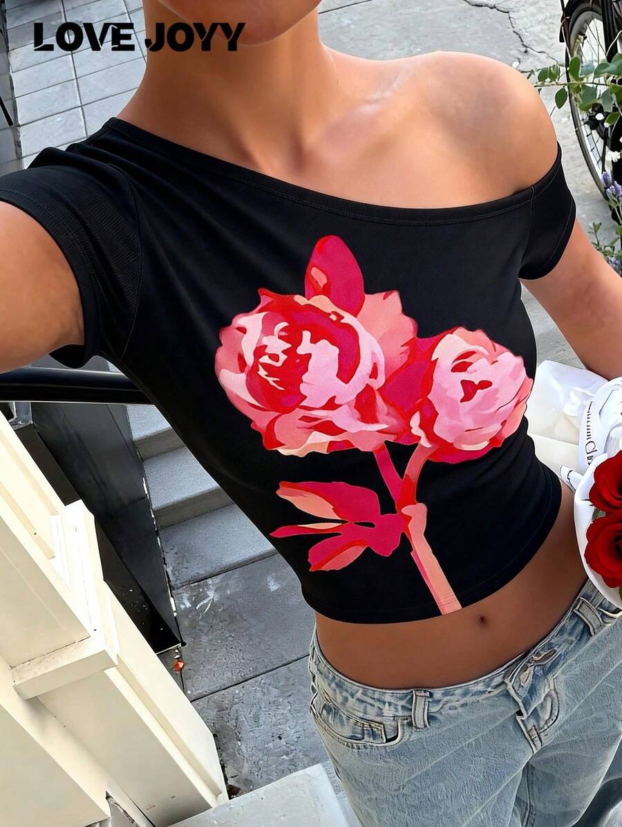 LOVE JOYY Women's Off-Shoulder T-Shirt, Fashionable Exquisite Rose Pattern, Suitable For Spring/Summer Vacation And Parties, Black Top - Black - View 1