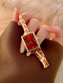 1 pezzo Orologio da donna in oro con quadrante ovale al quarzo, elegante e alla moda, adatto per uso quotidiano, regalo di compleanno, laurea, raduni casual e feste - Dorato - Visualizzare 2
