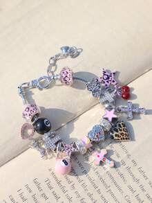 1pc Pink Leopard Print Cross Charm Bracelet, Pink Leopard Heart Bracelet, Pink 8 Ball DIY Bracelet, Leopard Leopard Bracelet, Cherry Cross Bracelet - Silver - View 7