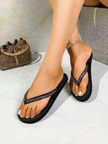 Women's Fashion Rhinestone Embellished Flat Casual Slippers, Suitable For Beach, Travel, Daily Wear, Summer - Black - View 5