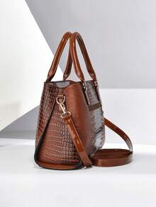 3件套女士PU皮手提包套装，优雅时尚托特包，带零钱包和卡包，多功能大容量单肩包，时尚设计，多种颜色可选 - 棕色 - 查看 5