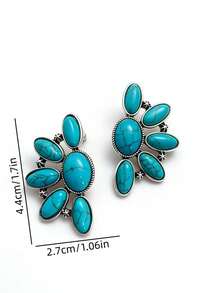 1 Pair Retro Bohemian Style Flower Design Faux Turquoise Stud Earrings, Jewelry Gift Suitable For Women's Party And Travel Wear - Antique Silver - View 2