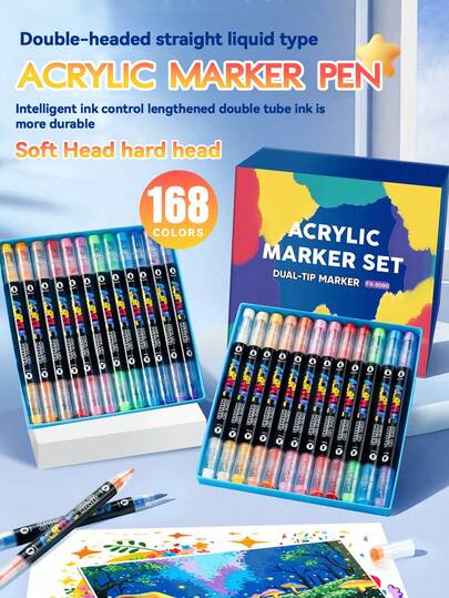 12-168色双头丙烯颜料马克笔套装，可堆叠伸缩马克笔套装，覆盖力强，易于叠色，色彩自然融合，学生适用软硬笔头绘图笔，适用于涂鸦、日记、笔记、贺卡、艺术绘画，返校必备