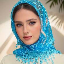A Women's Floral Print Lace-Trimmed Scarf, Solid Color Shawl, Elegant Style Headscarf - 白色 白色 - 查看 7