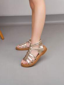 1 Pair Baby Woven Lace-Up Hollow Sandals, Gold PU Non-Slip Open Toe Flat Roman Style Cute Princess Shoes, Suitable For Summer Toddler - Champagne - View 7