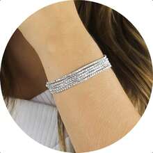 Women's Semi-Jewelry Set, 925 Sterling Silver Plated, Kit Of 5 Elastic Bracelets With Sparkling Rhinestones, Silver Finish - 水晶 - 查看 4