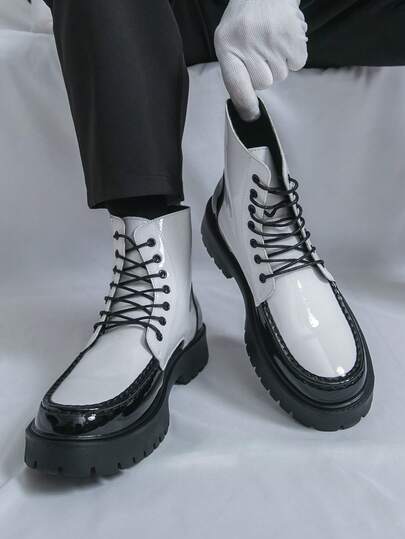 Retro Versatile High-Top Boots, Men's Outdoor Hiking Shoes, Lace-Up, Black, Comfortable & Durable For Daily Commute, Minimalist Solid Color, Breathable Vintage Casual Shoes