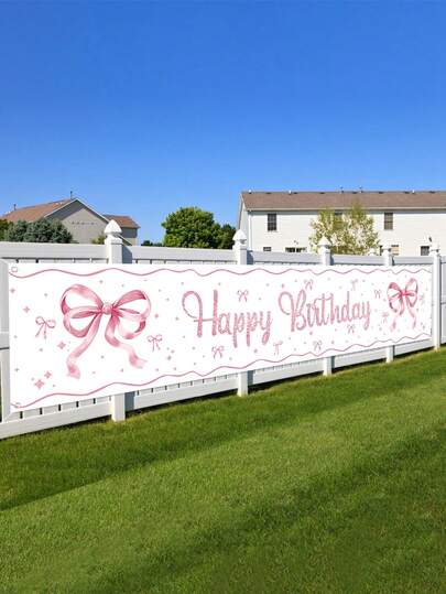 1件粉色蝴蝶结生日快乐横幅，可爱粉色蝴蝶结图案生日背景，生日派对用品悬挂横幅，生日礼物，生日派对装饰，粉色蝴蝶结装饰，家居装饰，房间装饰，墙面装饰，粉色派对礼物，派对小礼物，闺蜜节，女孩生日礼物，迎婴派对，性别揭晓派对装饰，生日拍照道具