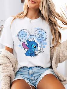 Disney-Style Women's Graphic Tee Featuring A Blue Stitch Illustration With A Soft, Cute Mickey Mouse Cartoon Print. This Women's Summer Clothing Item Is A Crew Neck Tee Made From Soft, Comfortable 100% Cotton Fabric, Perfect For Everyday Wear, Outdoor Activities, Or Shopping. It's Especially Ideal As Women's Vacation Wear. - White - View 1