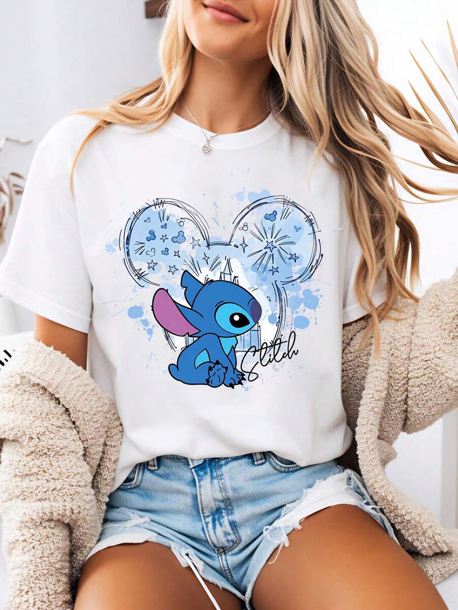 Disney-Style Women's Graphic Tee Featuring A Blue Stitch Illustration With A Soft, Cute Mickey Mouse Cartoon Print. This Women's Summer Clothing Item Is A Crew Neck Tee Made From Soft, Comfortable 100% Cotton Fabric, Perfect For Everyday Wear, Outdoor Activities, Or Shopping. It's Especially Ideal As Women's Vacation Wear. - White - View 1