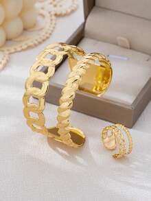 Set de joyería de 2 piezas con brazalete y anillo ajustables de diseño geométrico hueco de estilo minimalista y de moda para mujeres - Amarillo Oro - Ver 2